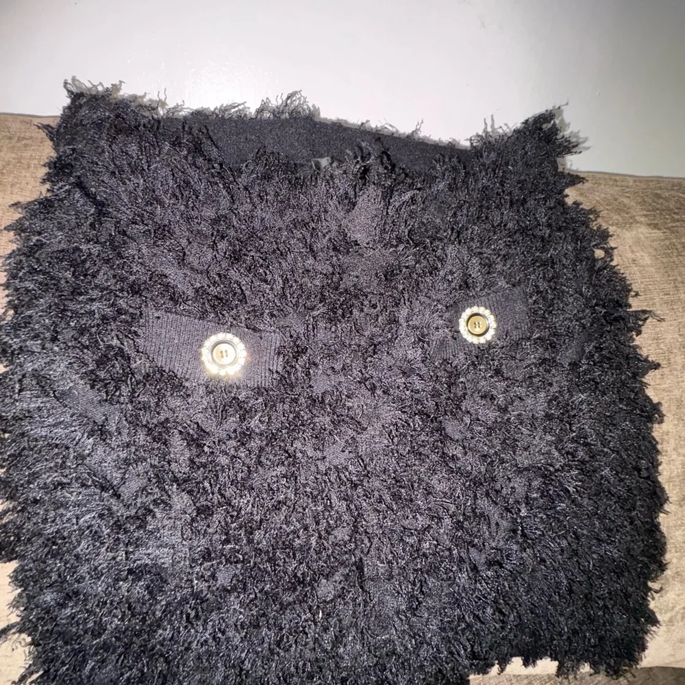 Pinko Black Fringe Mini Skirt with Gold Tone Buttons